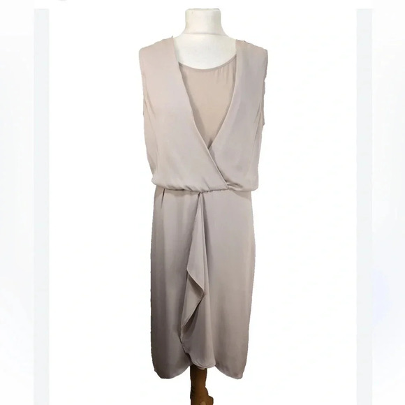 AllSaints Tape Beige Draped Chiffon Knee Length Midi Dress Size 2 - Picture 1 of 7